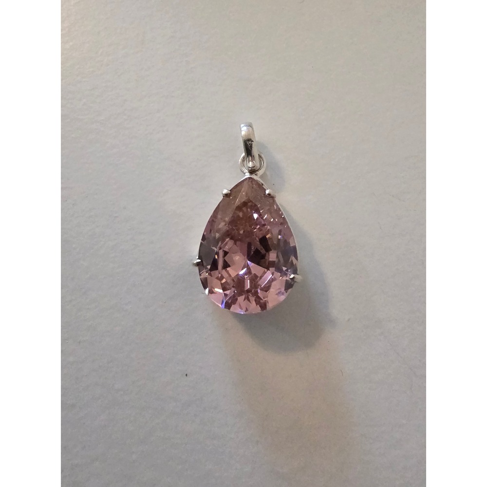 925 Sterling Silver Pink Teardrop Pear Faceted Stone Pendant Charm 1 Inch